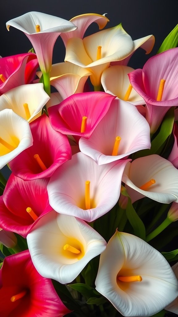 A close-up display of colorful calla lilies in shades of pink, white, and yellow.