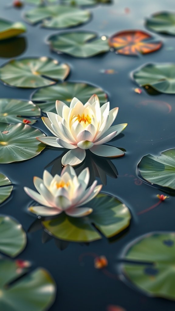 Two white lotus flowers on water surrounded by green lily pads.