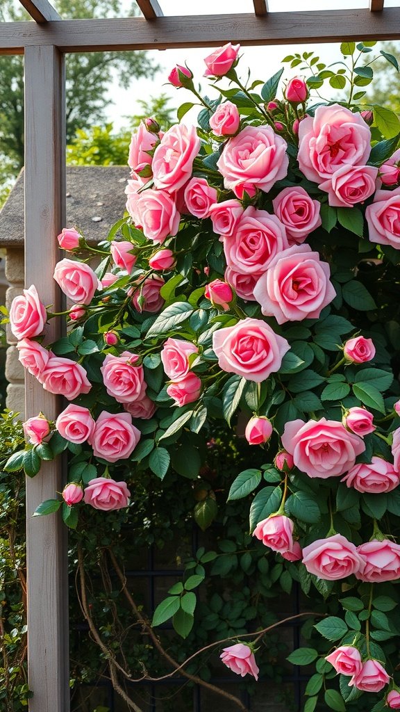 A cluster of bright pink climbing roses on a trellis with green leaves