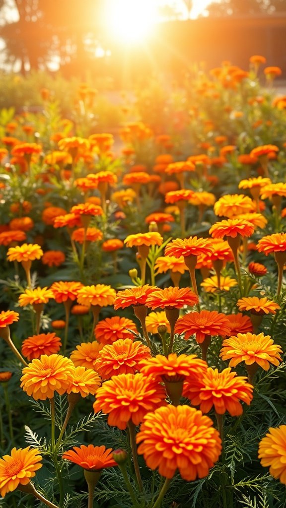 A vibrant garden filled with orange marigold flowers under sunlight.