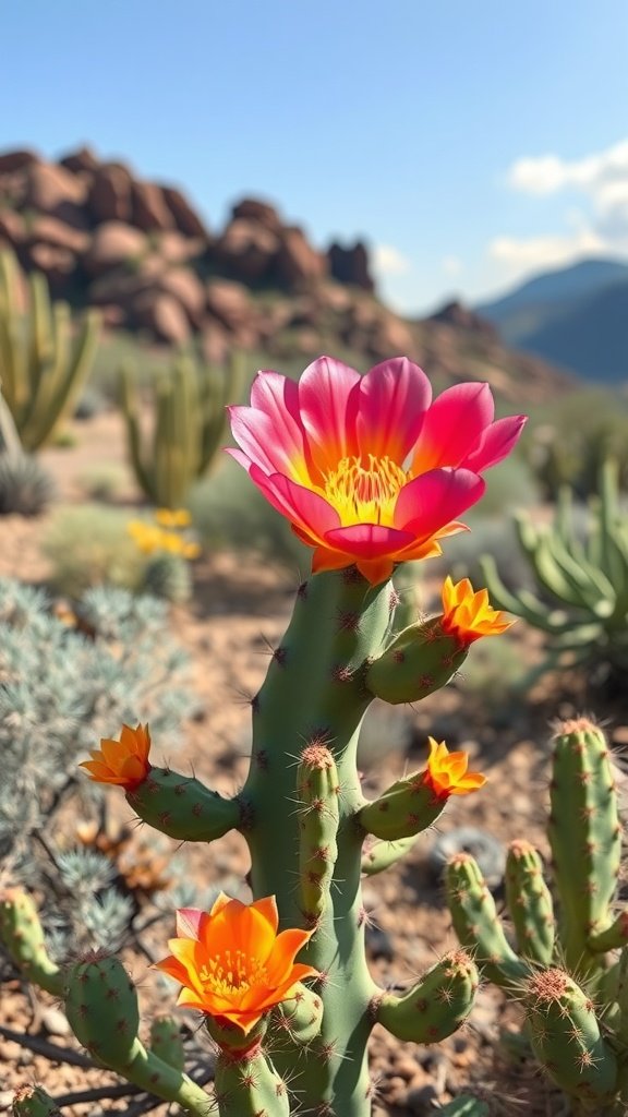 Cactus flower with pink and orange blooms against a desert backdrop