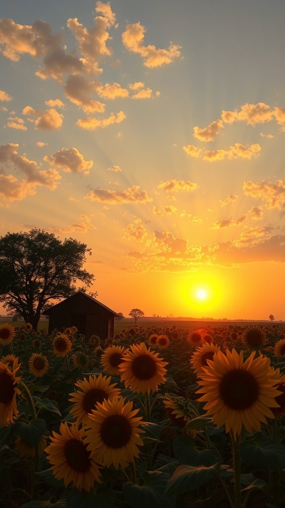 A rustic scene of a sunflower field at sunset with a barn