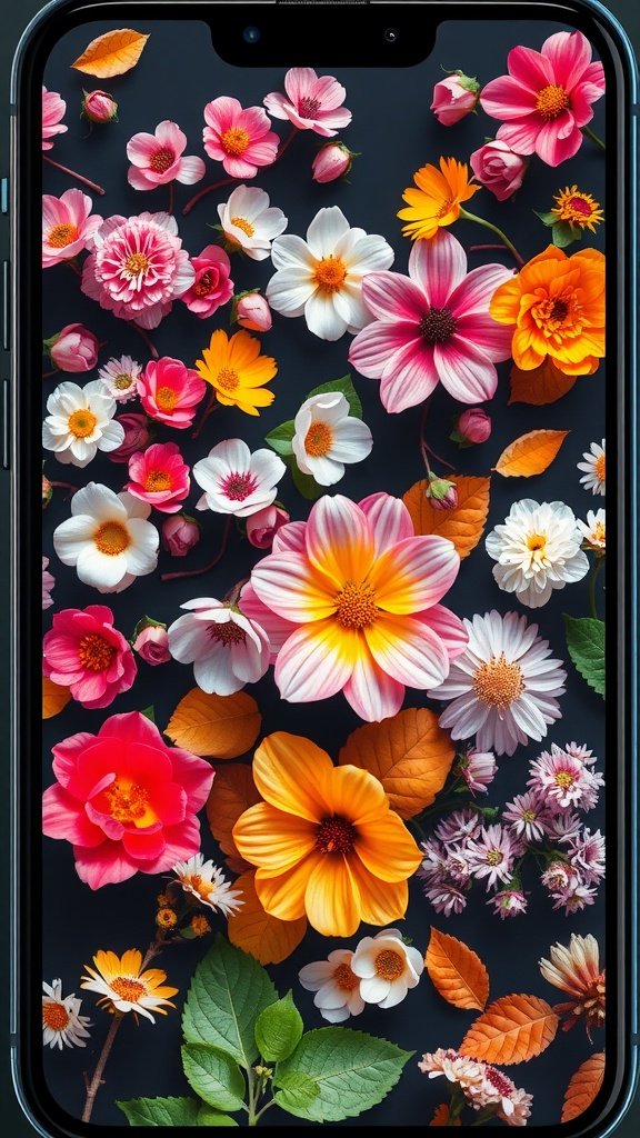 Colorful flowers arranged on a phone wallpaper