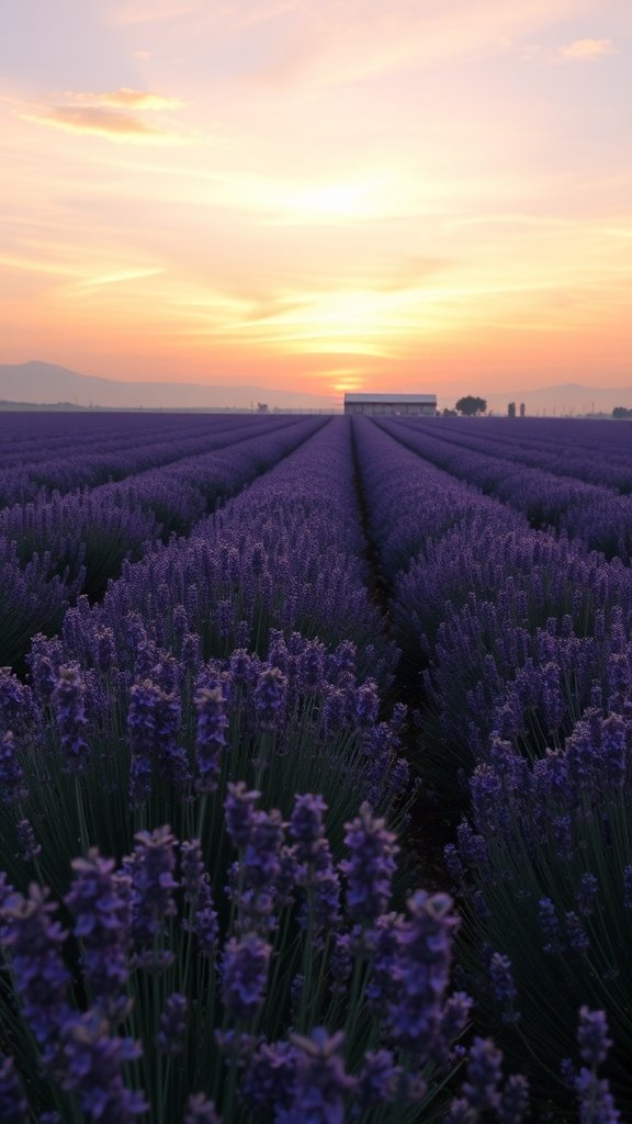 Lavender fields at dusk with a sunset in the background.