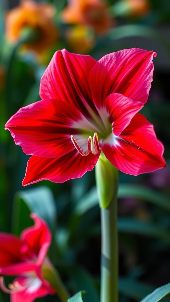 Close-up of a vibrant red amaryllis flower with striking stripes and green foliage in the background
