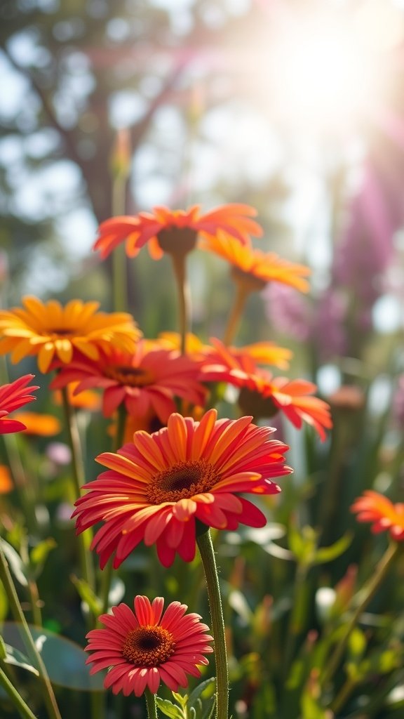 A close-up of vibrant orange and pink Gerbera daisies in sunlight.