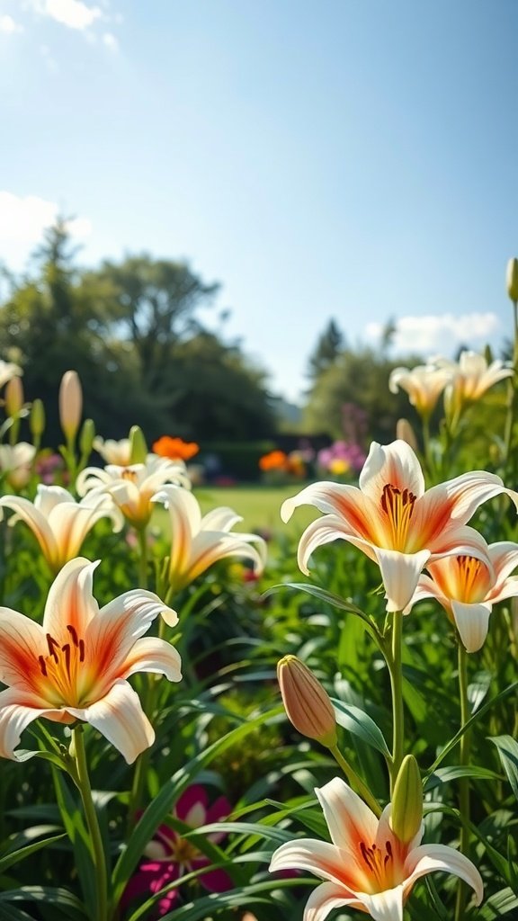 A sunny garden filled with blooming lilies, showcasing white and orange petals under a clear blue sky.