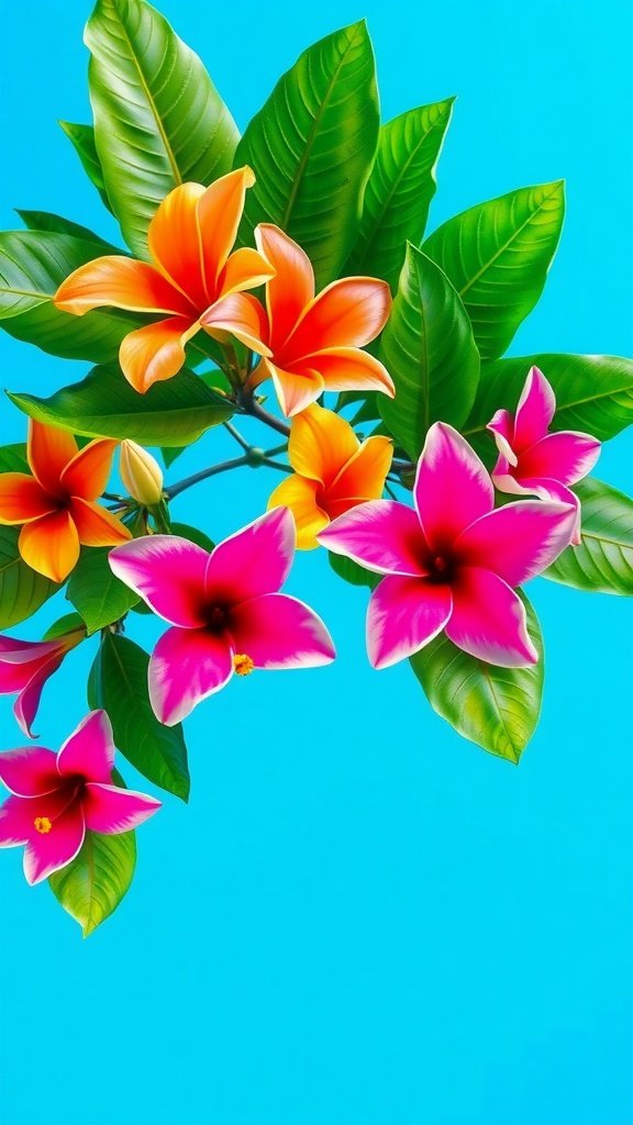 Colorful tropical flowers with green leaves on a blue background