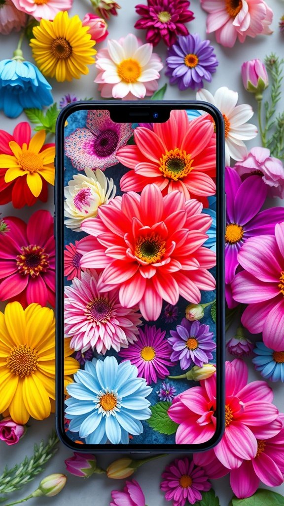 A smartphone displaying a colorful floral wallpaper, surrounded by various real flowers in bright colors.
