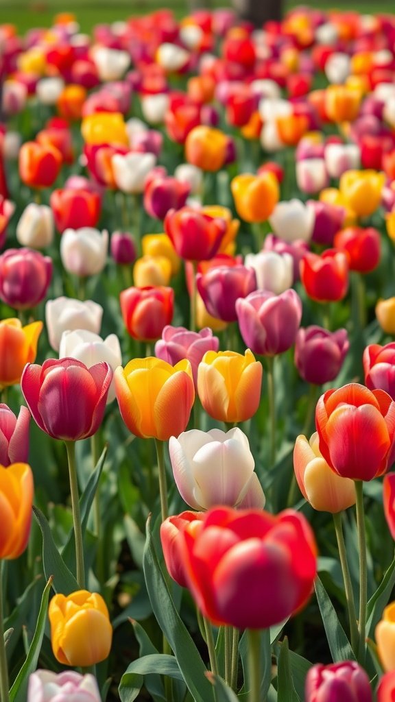 A colorful field of tulips in various shades of red, pink, yellow, and white during spring.