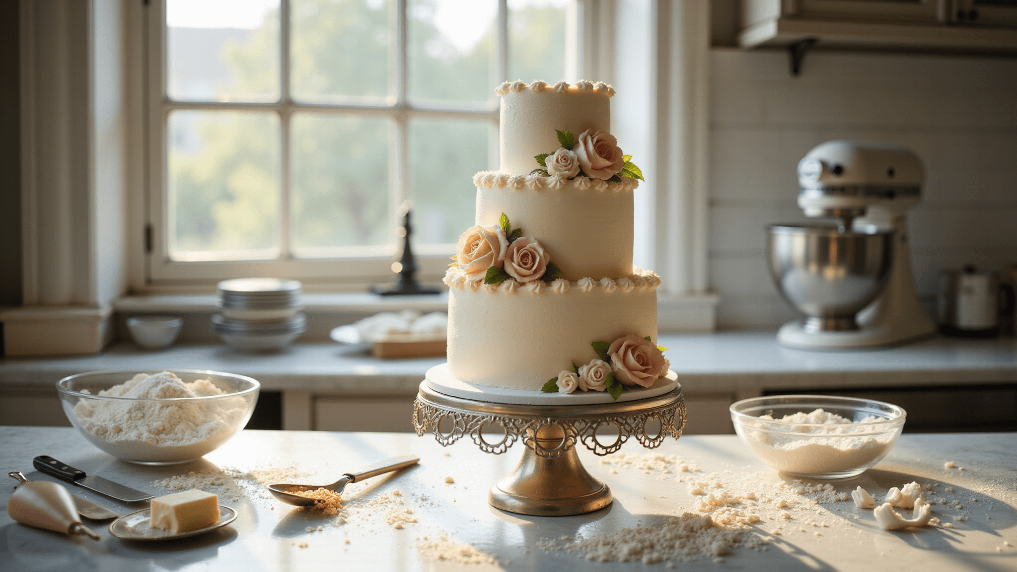 A vintage-themed professional kitchen with a three-tiered white wedding cake in progress on a silver antique cake stand, illuminated by soft natural light from large windows. Ingredients are artfully arranged on a marble countertop, including a cream-colored stand mixer, glass bowls of flour, butter, and sugar. The cake features intricate Lambeth piping, sugar flowers, edible pearls, and gold leaf accents, with vintage baking tools nearby. The scene is captured with a cinematic, soft vintage palette.
