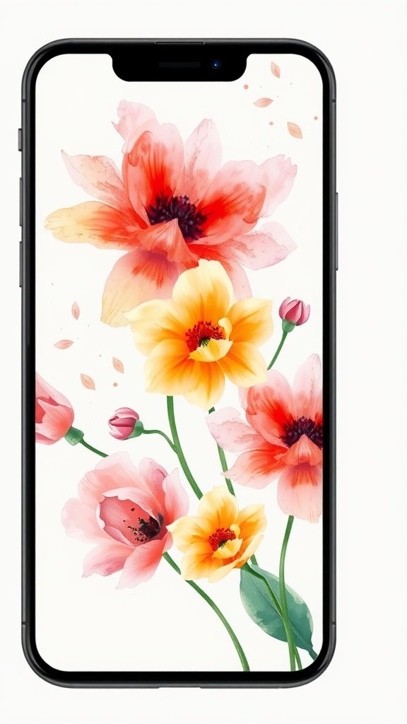 A phone displaying a watercolor floral wallpaper featuring pink, yellow, and red flowers.