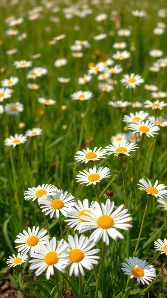 A field of daisies with white petals and yellow centers in a green meadow.
