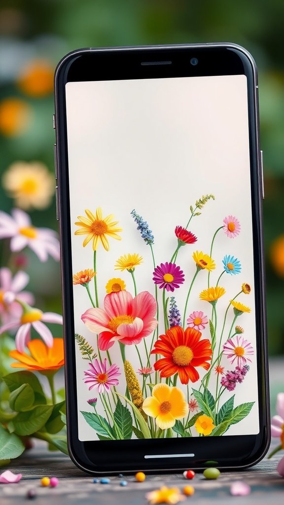 A smartphone displaying a colorful flower wallpaper with various whimsical flowers arranged beautifully.