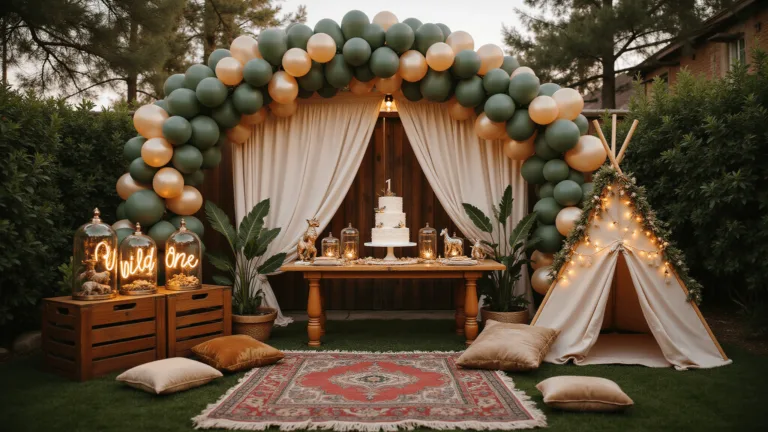 A safari-themed first birthday party in a luxurious backyard setting at golden hour, featuring a balloon arch, dessert table with a naked cake, vintage decor with safari animal figurines, fairy lights, and tropical foliage, with intimate seating on Persian rugs and cushions, teepee with warm lighting, and modern signage.