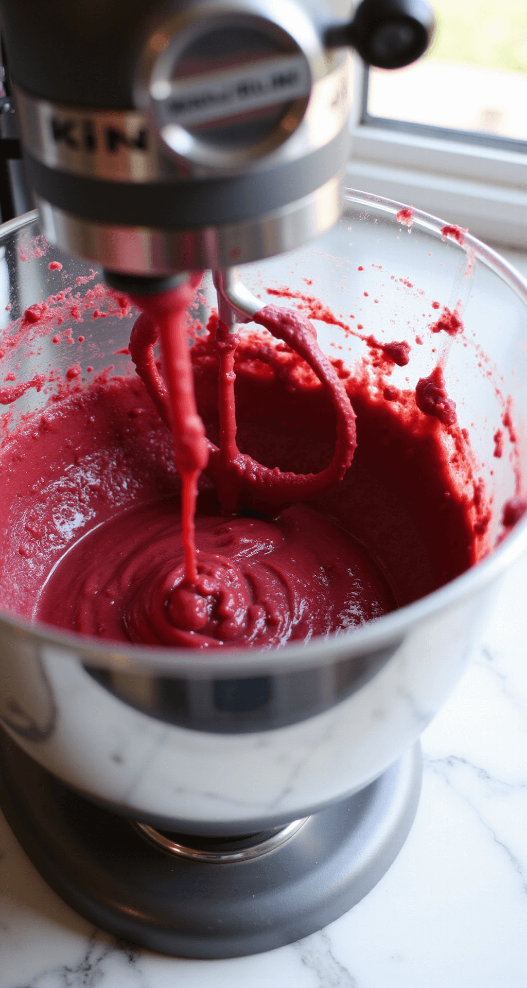 A close-up of rich crimson cake batter being mixed in a stainless steel bowl, with vibrant red food coloring swirling into a creamed butter and sugar mixture, illuminated by natural light on a marble countertop.