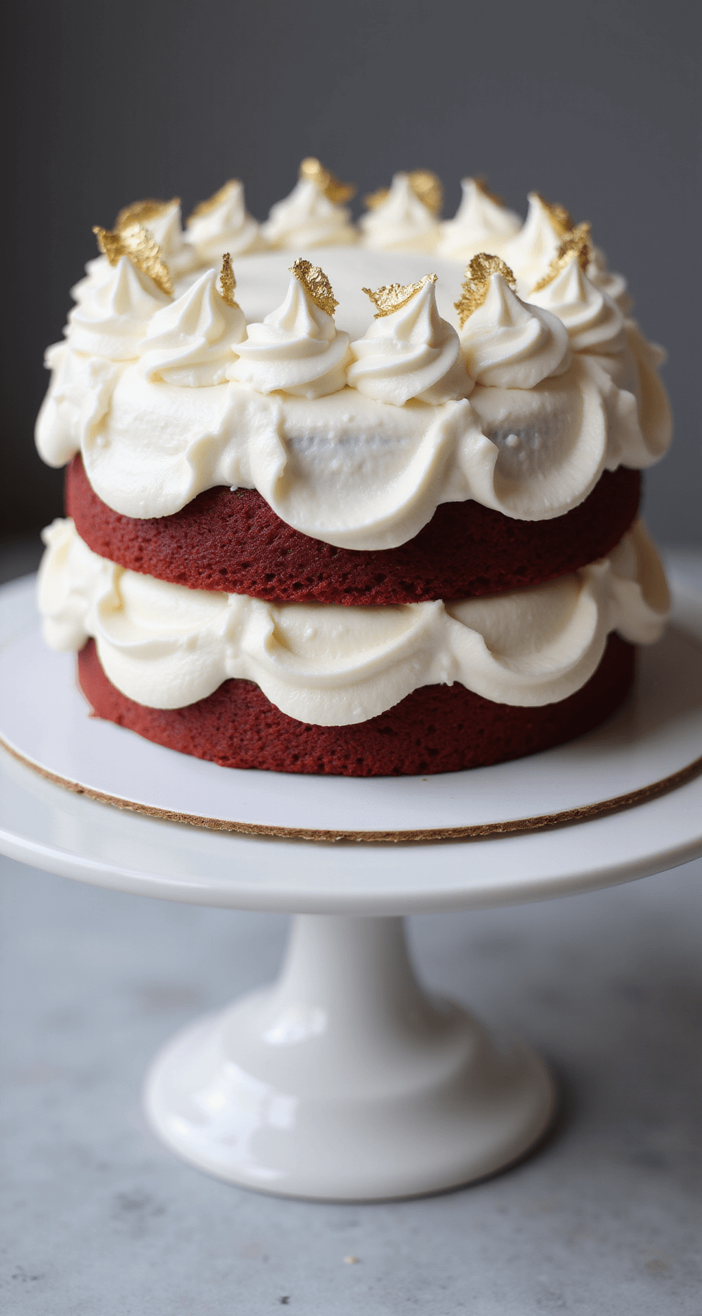 Overhead view of a two-layer red velvet cake on a rotating stand, topped with smooth, cloud-like cream cheese frosting featuring elegant swirls, gold leaf accents, and soft studio lighting.
