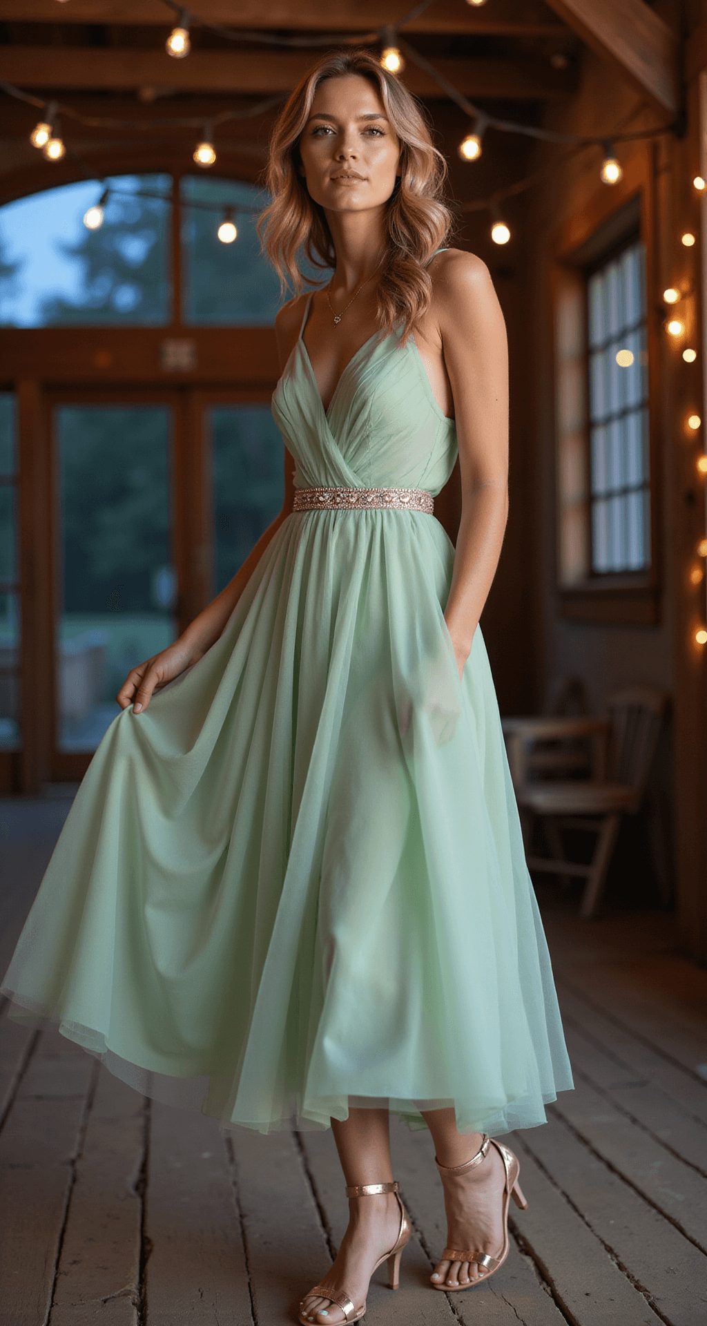 A model in a pistachio green tulle midi dress with beaded waist stands in a rustic barn adorned with string lights, showcasing loose curls and rose gold accessories, while soft bokeh lights create a magical atmosphere during blue hour.