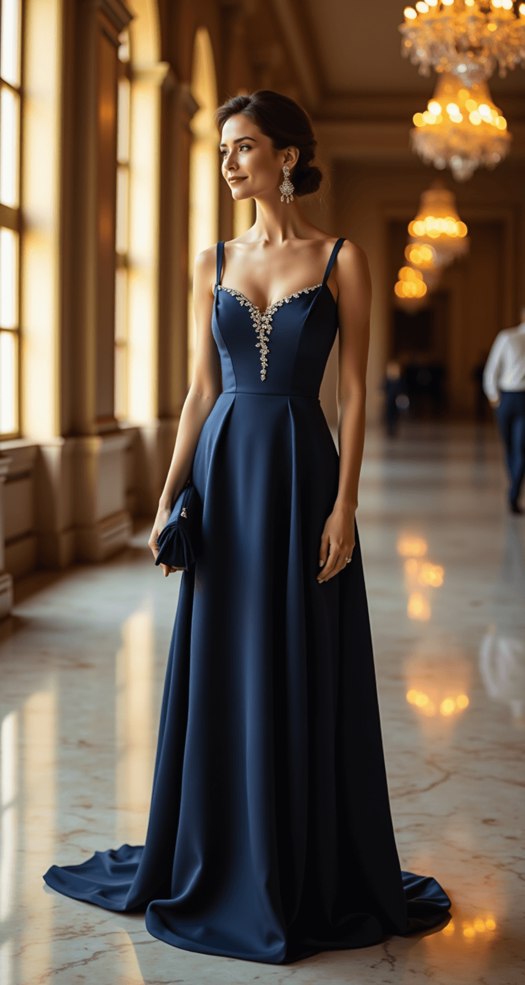 A woman in a floor-length navy silk gown with subtle draping stands near floor-to-ceiling windows in a grand hotel ballroom during golden hour, with warm lighting enhancing the gown's sheen. She wears delicate diamond drop earrings and holds a matching navy satin clutch, her hair styled in a sophisticated low chignon. The scene features marble floors and crystal chandeliers.