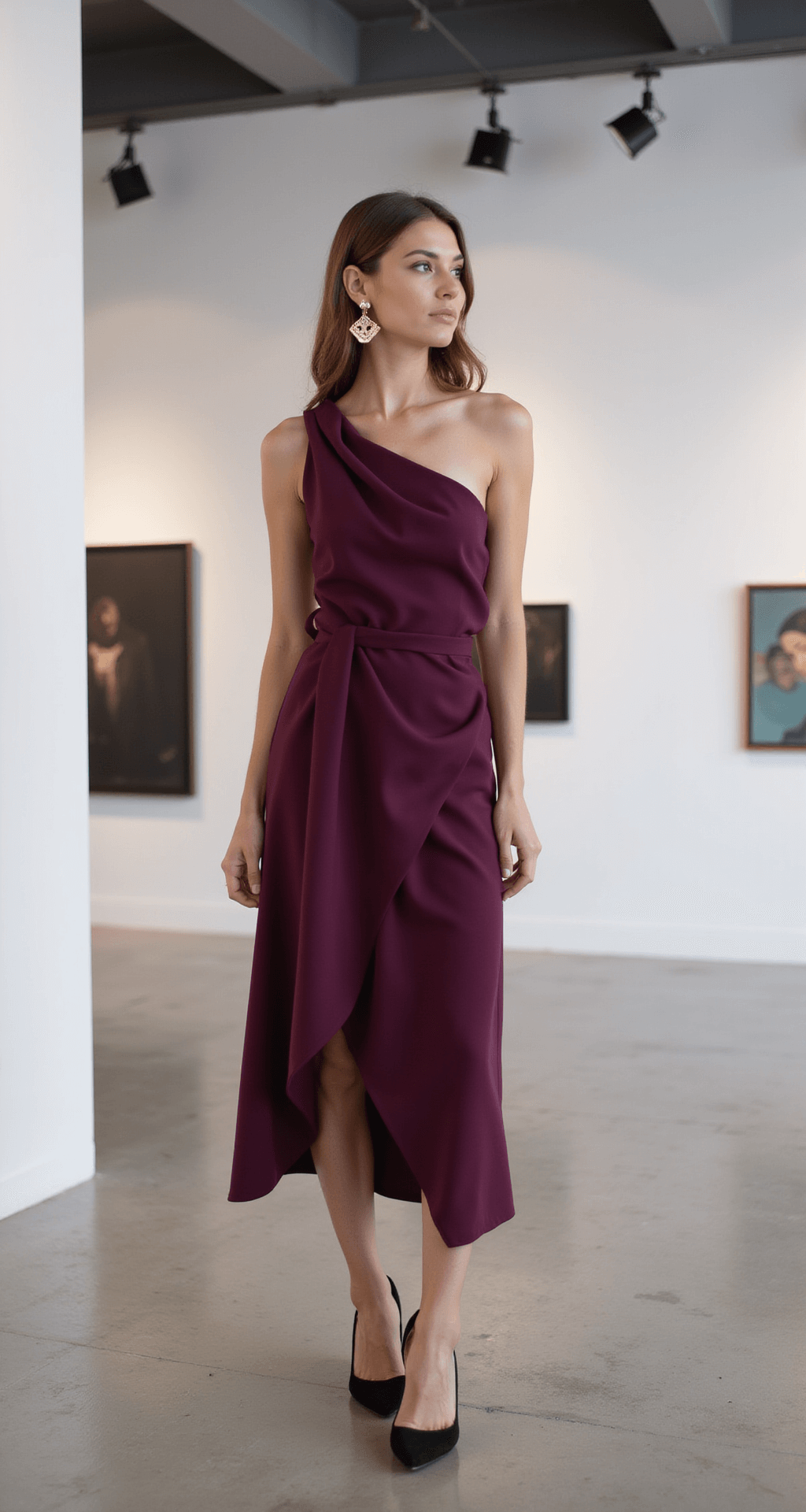 A contemporary art gallery featuring a model in a deep plum midi-length crepe dress with architectural draping and an asymmetric neckline, accessorized with geometric gold earrings and black suede pointed pumps, set against clean white walls and polished concrete floors.