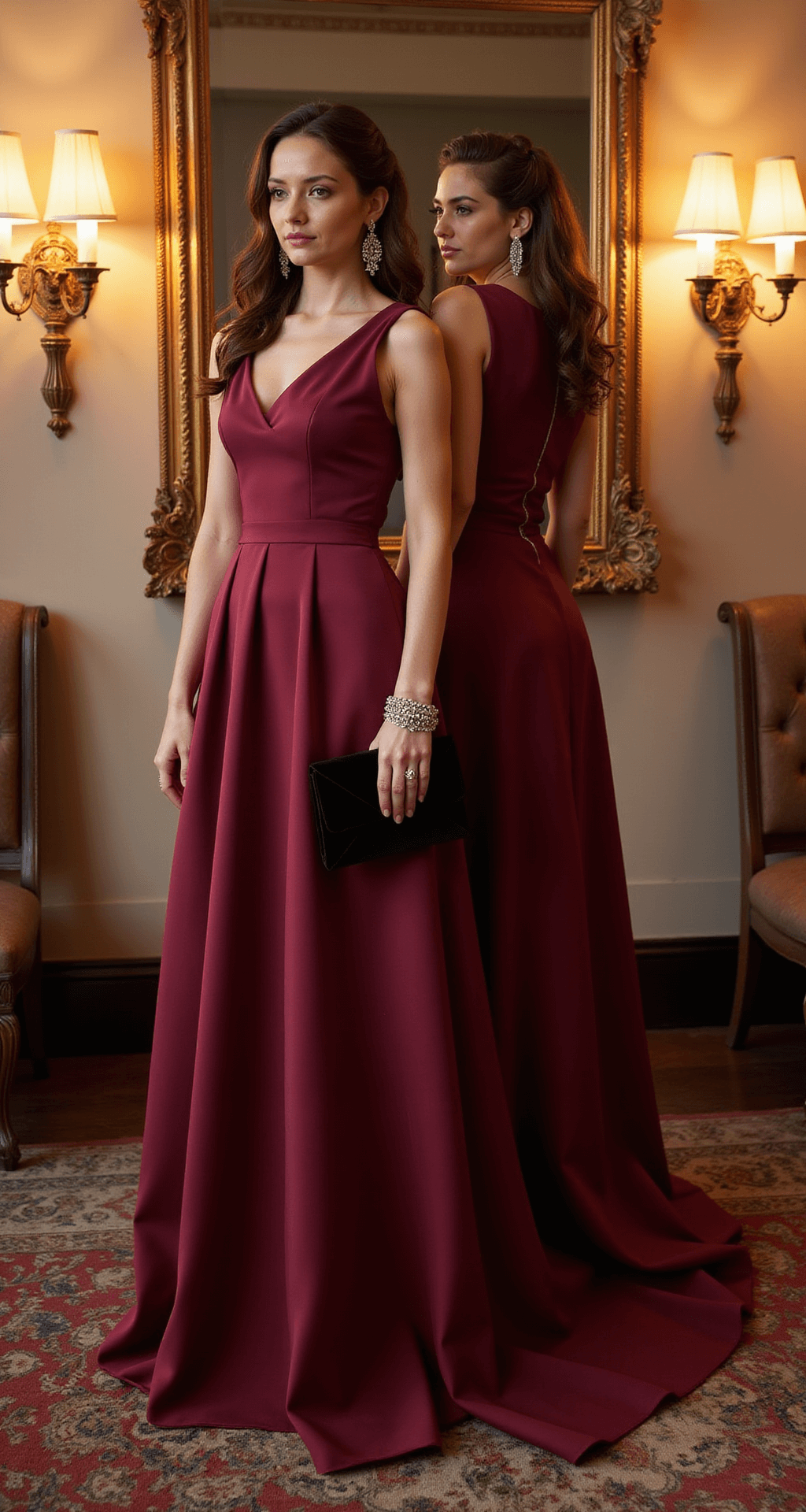 A woman in a burgundy silk-satin gown with cap sleeves stands in a historic mansion interior at dusk, her reflection visible in an ornate gold mirror. She accessorizes with a vintage-inspired crystal bracelet and a black velvet envelope clutch, while warm light from antique sconces enhances the romantic ambiance.