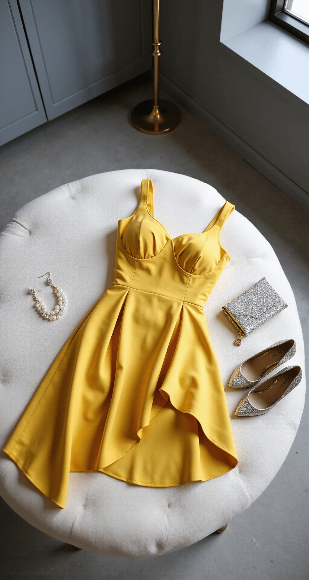 Close-up of a buttercup yellow cocktail dress with architectural pleating and asymmetric hem on a plush white ottoman, styled with pearl drop earrings, a crystal-embellished clutch, and metallic pumps, set against cool gray walls with brass accents in a modern minimalist dressing room.