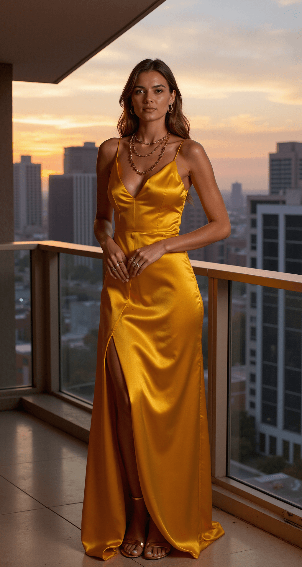 Luxurious hotel suite balcony at sunset featuring a model in a golden yellow satin gown with a side slit and cowl back, posed against a city skyline. The dress catches the evening light, complemented by delicate gold accessories and clear strap sandals, with warm urban lighting blending with the natural sunset glow.