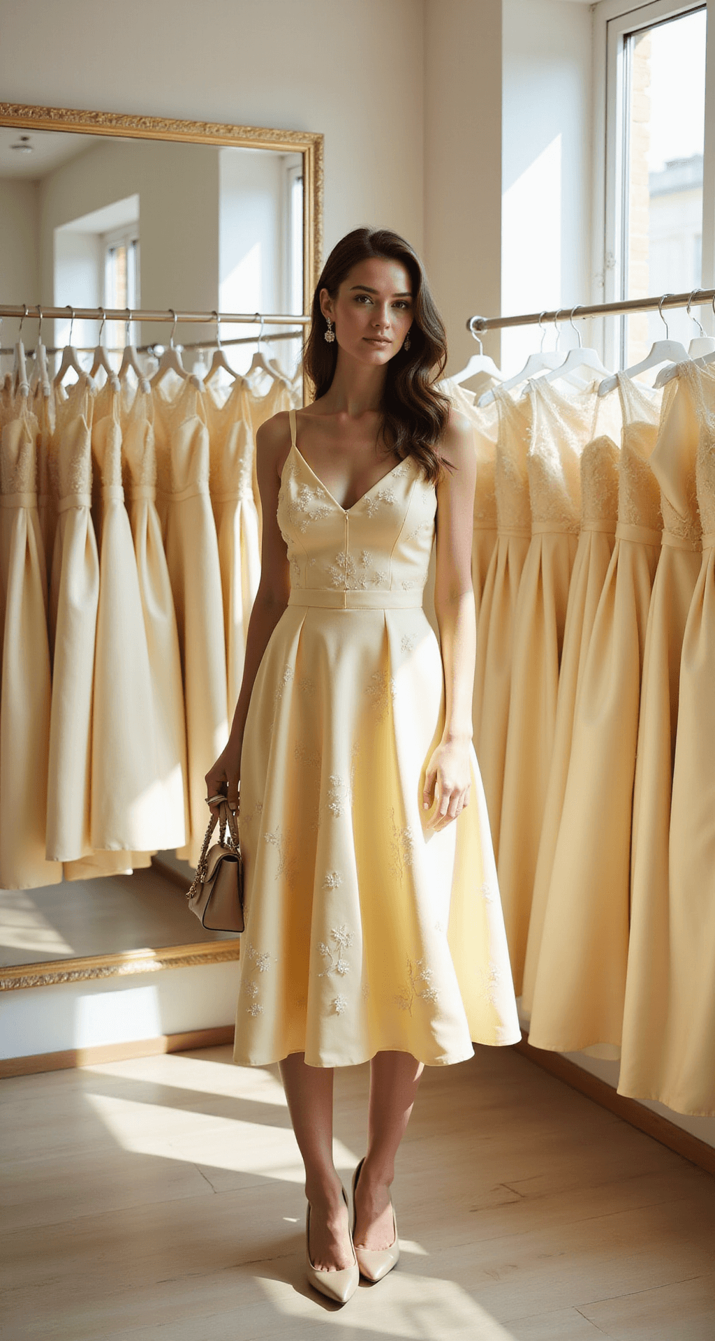 A light-filled bridal salon corner with floor-to-ceiling mirrors features a model in a pale yellow A-line midi dress with floral embossing, posing between dress racks. Natural daylight highlights the dress texture, complemented by pearl hairpins, nude pointed pumps, and a small structured handbag, all set against elegant cream and gold decor.