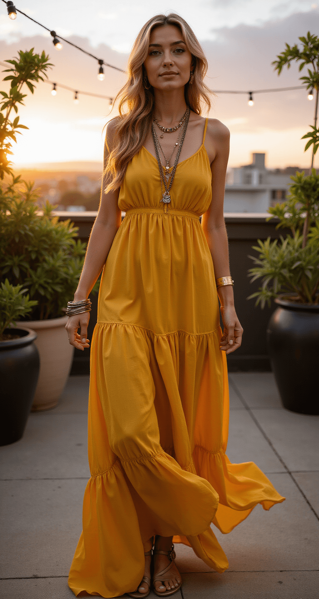 A model in a marigold yellow chiffon maxi dress with ruffled tiers poses in a rooftop garden during early evening. The dress flows gracefully in the sunset breeze, complemented by mixed metal layered necklaces and vintage-inspired bracelets. Lush greenery and string lights enhance the romantic ambiance, while golden hour lighting highlights the movement of the dress. The image is captured from various angles to showcase its flow.