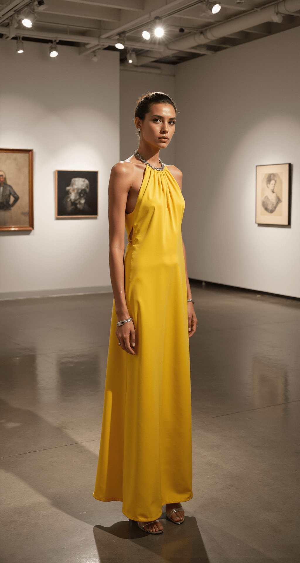 A model wearing a structured canary yellow column dress with an architectural neckline poses in a contemporary art gallery, complemented by sculptural silver jewelry and transparent lucite heels. The clean lines of the dress contrast with abstract art pieces in the background, as dramatic spotlight lighting casts interesting shadows, all captured in a wide-angle shot that includes architectural elements of the space.