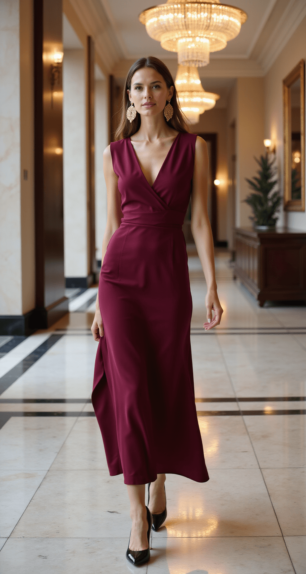 A confident woman in a burgundy crepe column dress walks through a sophisticated hotel lobby with marble floors and crystal chandeliers, showcasing elegant gold earrings and black stilettos, captured from a front three-quarter angle with soft ambient lighting.