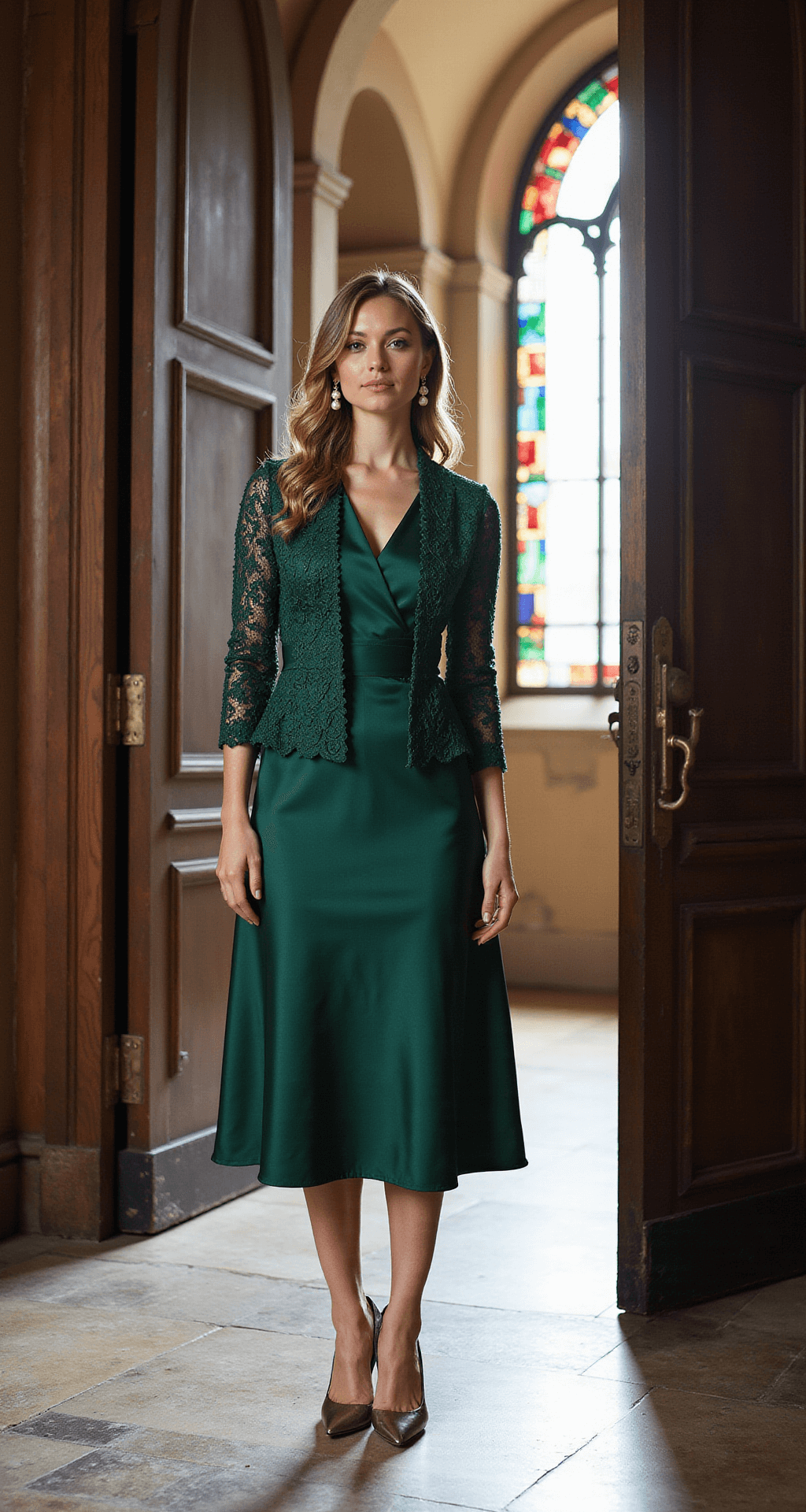 A wide shot of a historic church entrance bathed in morning light, featuring a subject in a forest green structured satin midi dress with a coordinating lace-trimmed wrap, pearl drop earrings, and metallic pointed pumps, highlighting the grandeur of the entrance and intricate details of the outfit.