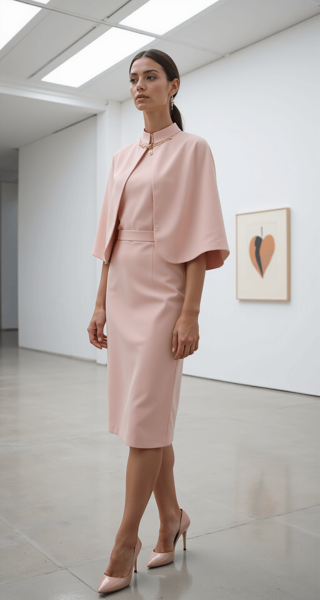 A model in a blush pink high-neck crepe dress with an elegant cape detail stands in a light-filled contemporary art gallery, showcasing minimal rose gold jewelry and nude patent pumps, with natural makeup and a sleek low ponytail, while sunlight streams through the skylights.