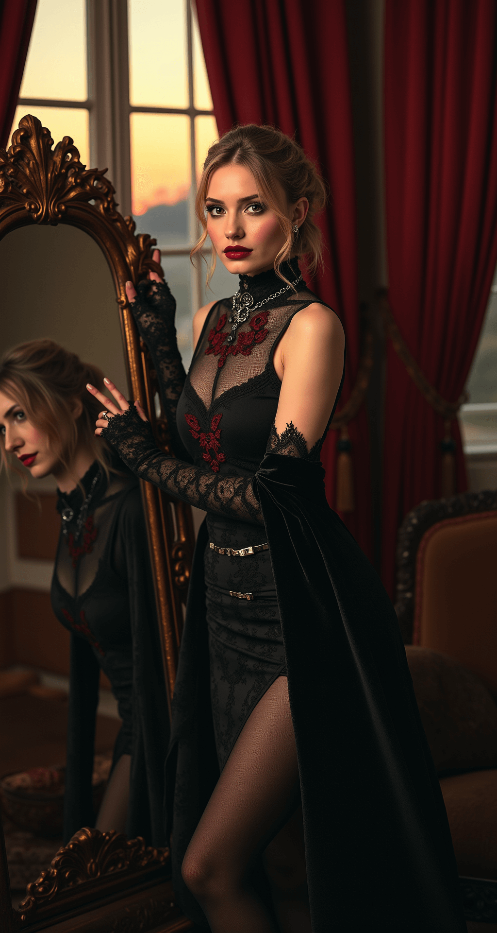 A glamorous female model poses in a dimly lit Victorian-style parlor, wearing a black high-necked lace dress with burgundy embroidery and vintage silver jewelry. Her dramatic makeup highlights her pale complexion, while a black velvet cape elegantly drapes over her shoulders as she stands beside an antique mirror.