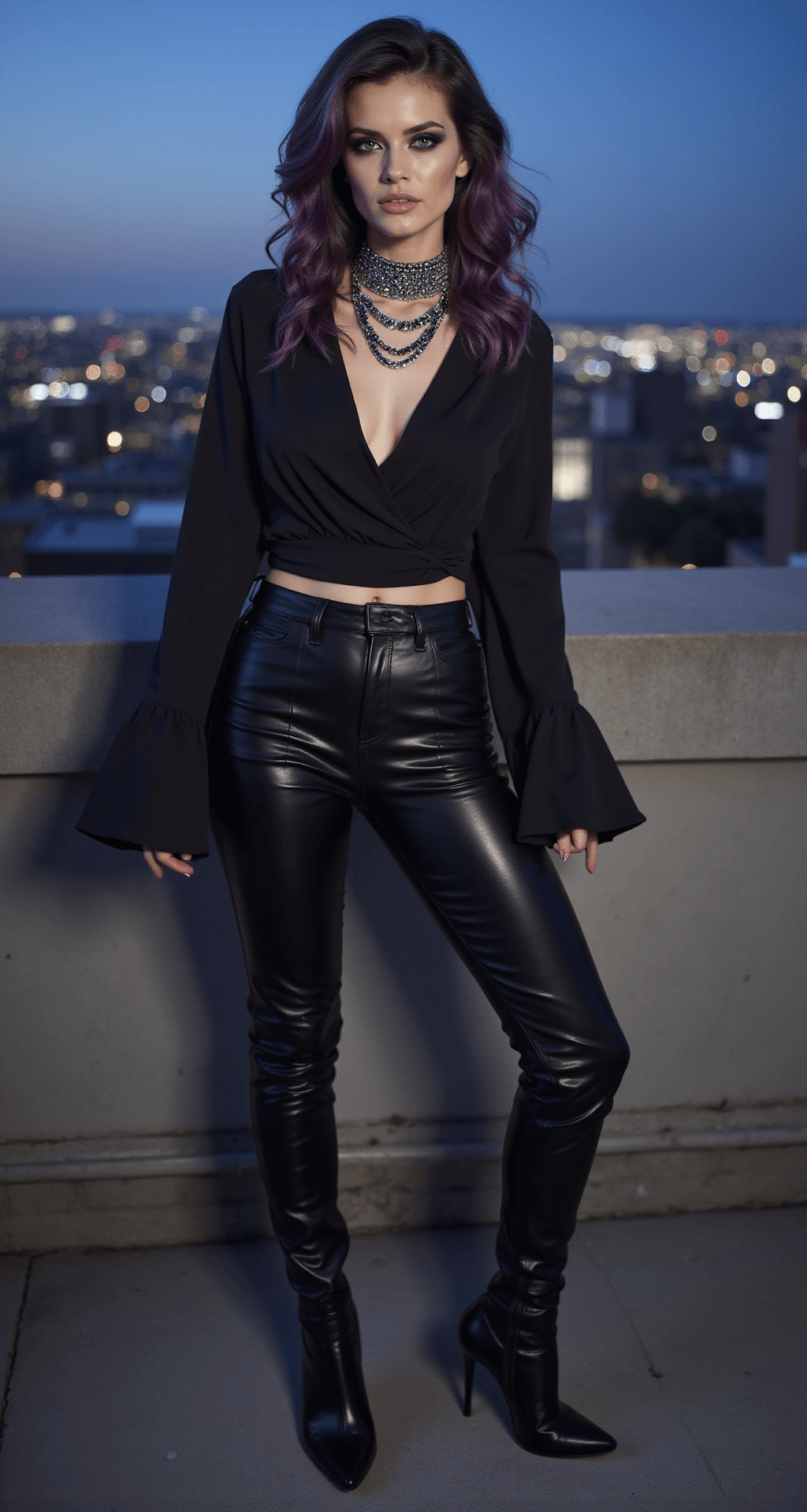 Model in sleek black leather pants and stiletto boots poses on a modern urban rooftop at twilight, with city lights twinkling behind. She wears a flowing silk blouse with dramatic bell sleeves, and her hair is styled in loose waves with deep purple undertones. Her makeup features a porcelain foundation, sharp contours, and metallic smoky eyes, complemented by a statement choker with dark crystals and layered silver chains. Photographed with a shallow depth of field, the scene captures a metropolitan vampire sophistication.