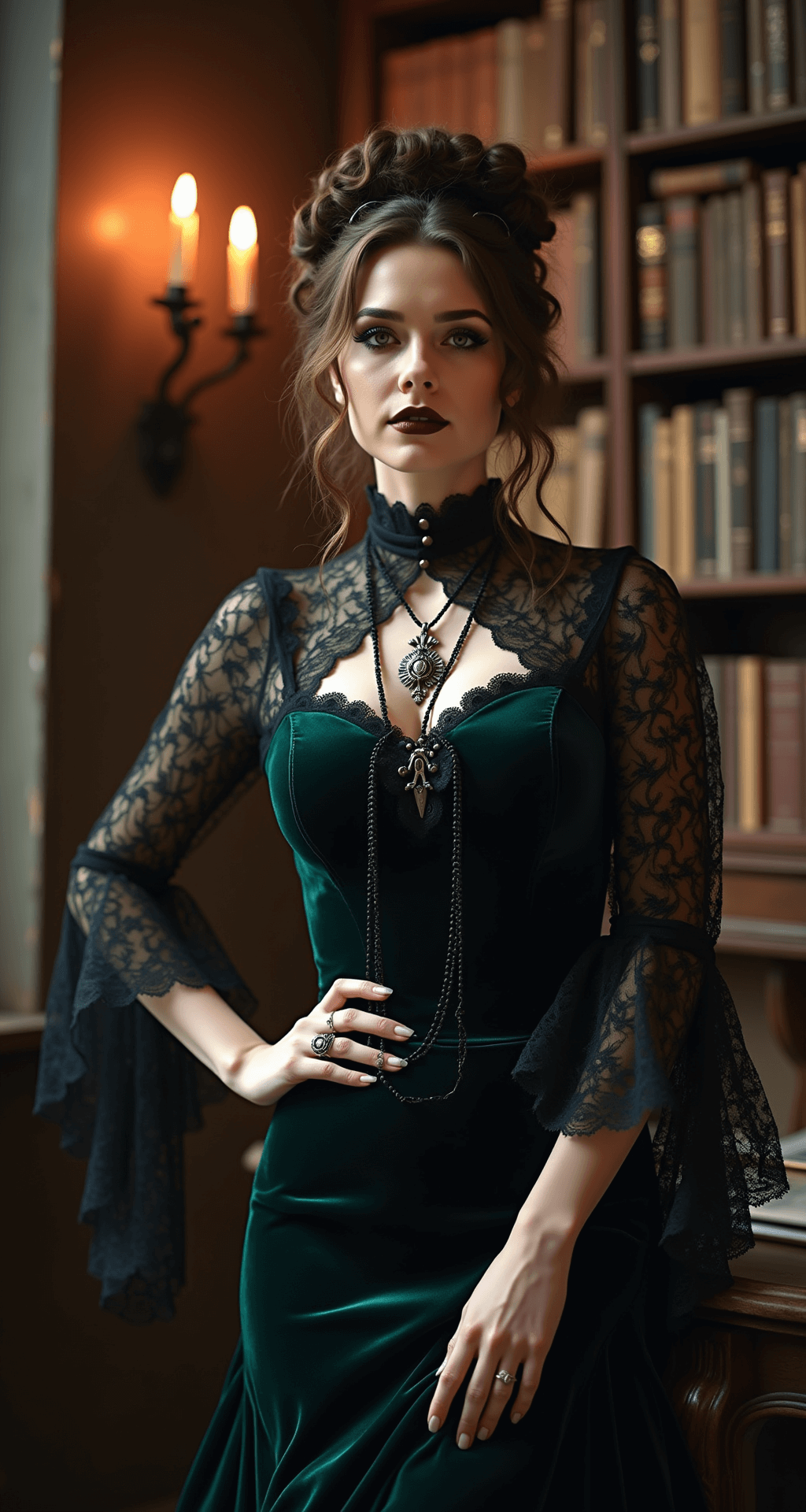 A softly lit antique bookshop with wooden shelves casts ambient shadows. A figure in a deep emerald velvet dress and black lace overlay stands poised, wearing Victorian-style boots. Their hair is styled in an elaborate updo adorned with gothic accessories, while their makeup features pale skin, dramatic winged eyeliner, and deep wine lips. An antique silver medallion on a long chain and ornate rings enhance their vintage-inspired look. The image is captured from a slightly below angle, highlighting the ethereal lighting and mysterious ambiance of the scene.
