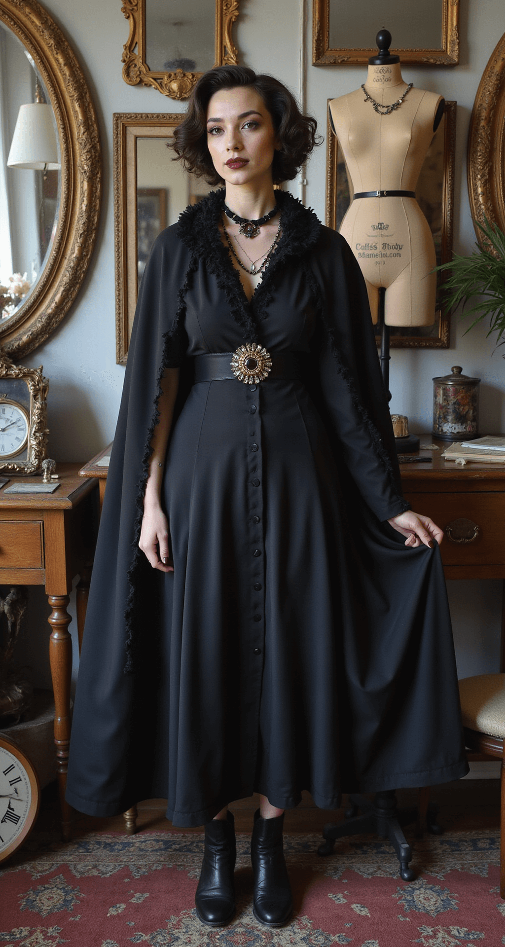 A model in a thrifted vintage boutique showcases a budget-friendly vampire look, featuring a reconstructed black vintage dress, DIY cape, and Victorian-inspired boots. The interior displays antique mirrors and dress forms, while the model's hair is styled in vintage waves, complemented by dramatic pale makeup and dark eye makeup. Curated thrifted jewelry adds an authentic touch to the editorial shot.
