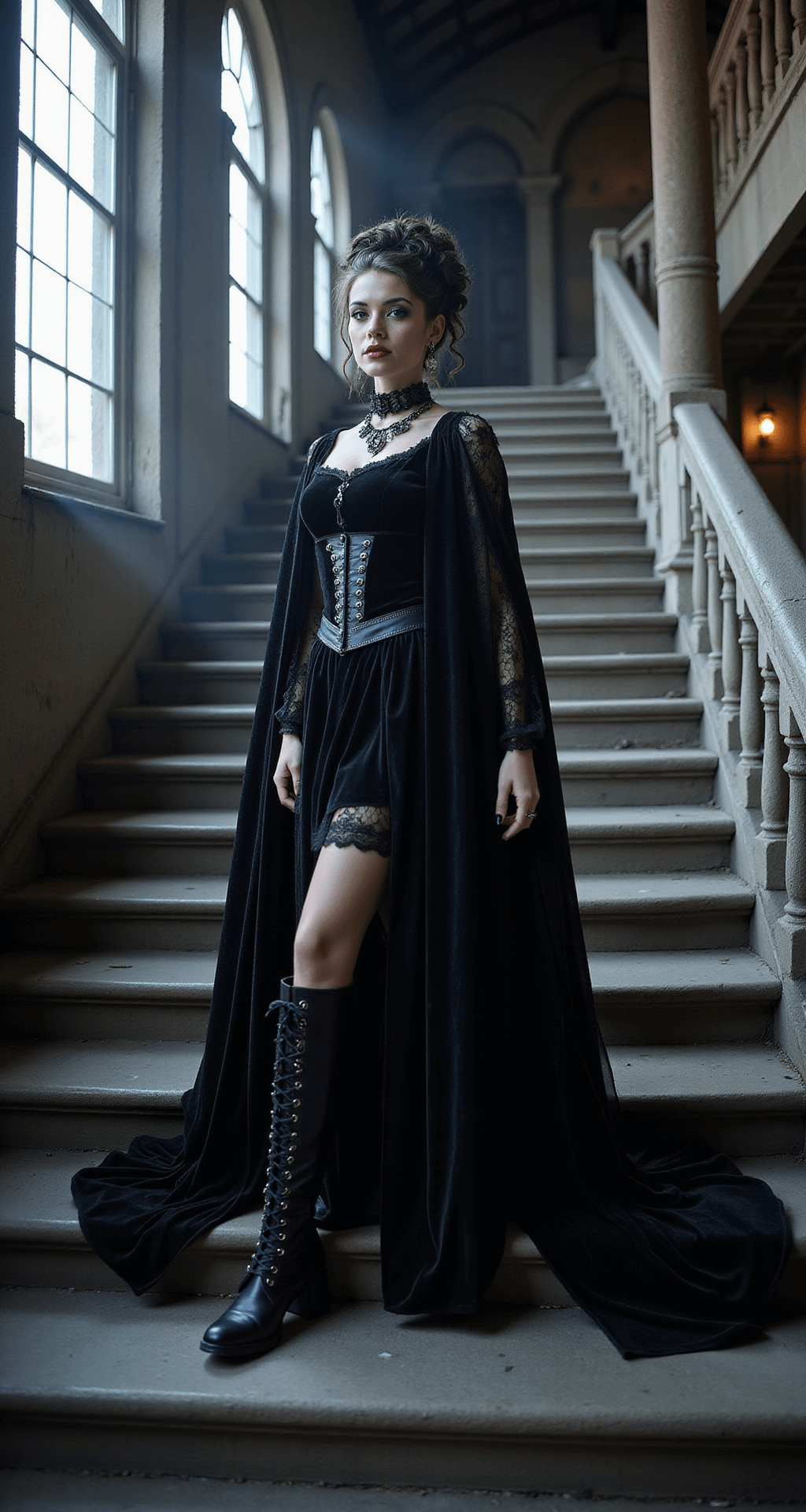 A gothic vampire in a black velvet gown with a dramatic train stands on a dramatic stone staircase, illuminated by moonlight through arched windows, showcasing intricate architectural details and mysterious shadows. Her hair is styled in a complex braided updo adorned with gothic accessories, and her theatrical pale makeup features dark smoky eyes and blood-red lips. She wears layered vintage-style necklaces and rings, enhancing her haunting appearance.