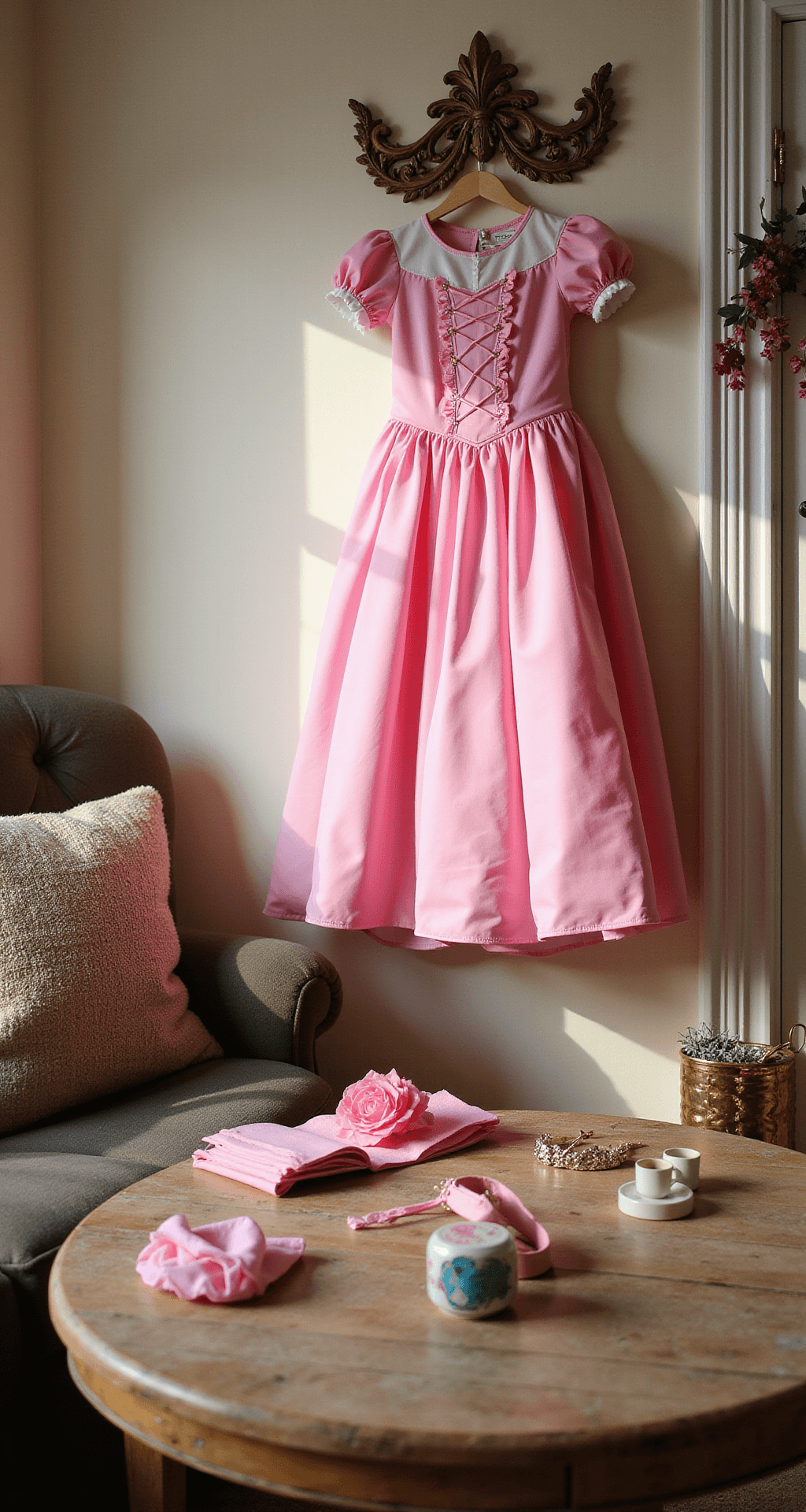 A cozy living room corner illuminated by warm afternoon light, featuring a pink Aurora-inspired dress hanging from a decorative hook, with budget-friendly accessories artistically arranged on a rustic wooden table, displaying creative DIY elements and smart styling solutions in a documentary style.