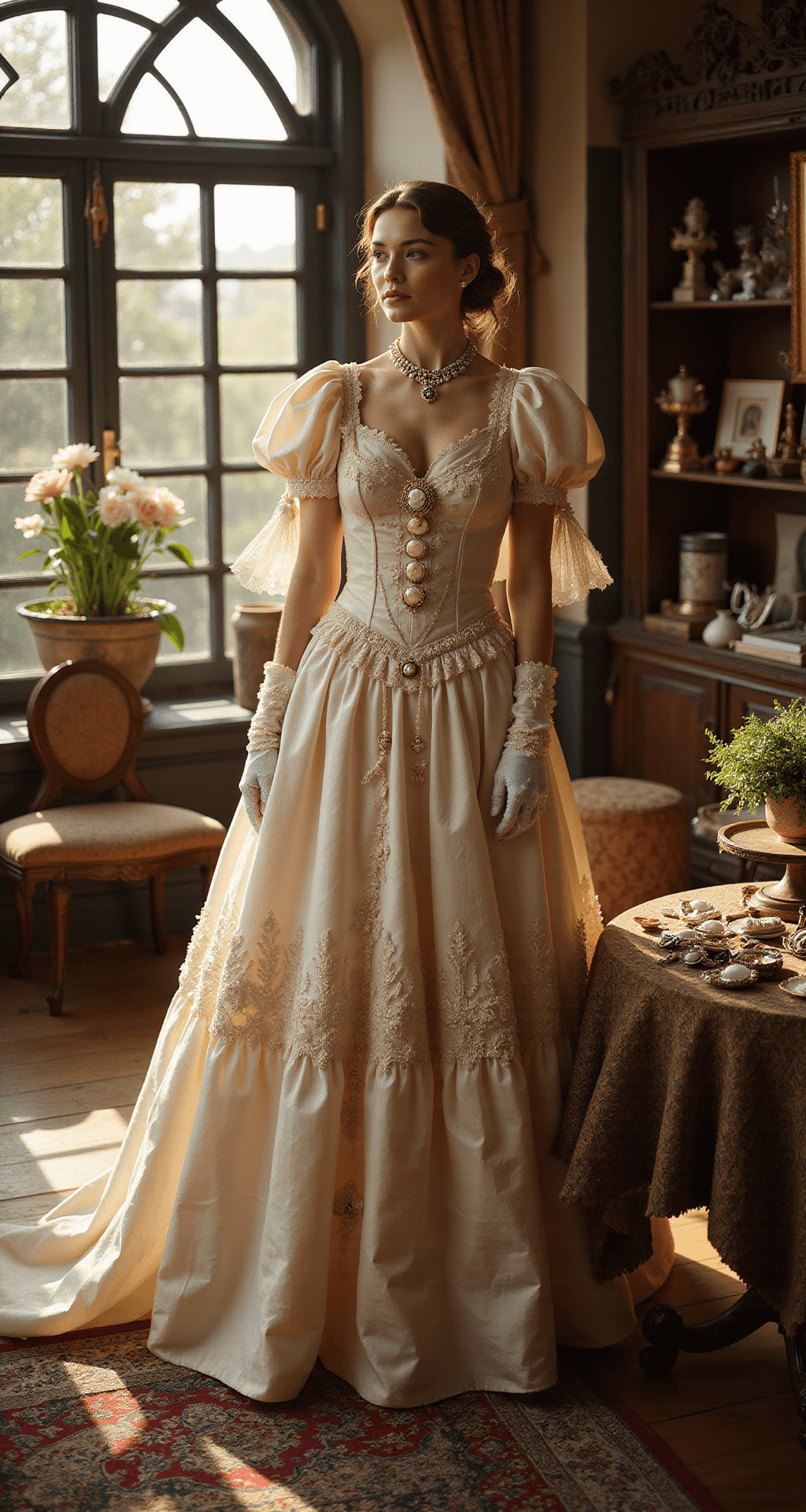 A model in a historically accurate Victorian princess gown fitted in an elegant boutique, bathed in warm golden light from arched windows, surrounded by vintage accessories like cameo brooches and pearl-studded gloves.