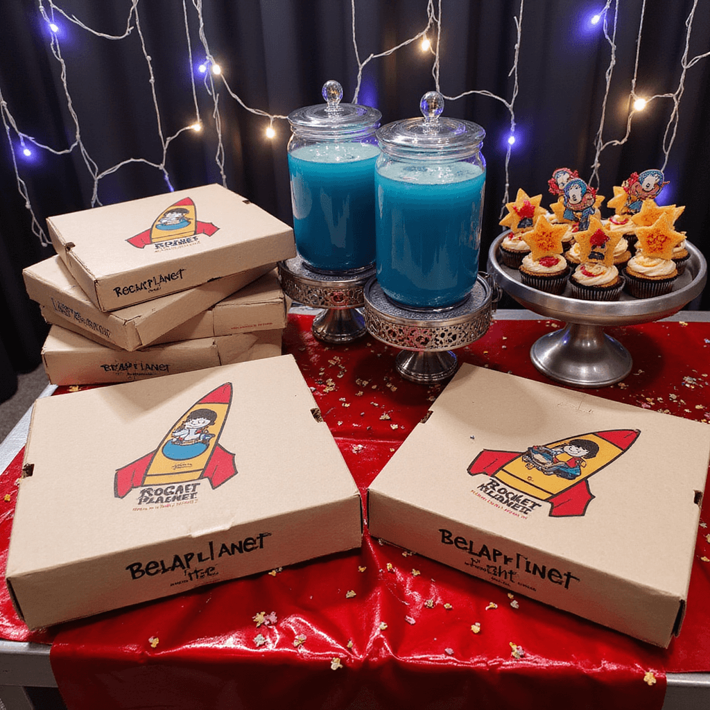An overhead shot of a vibrant Pizza Planet-themed food station featuring custom pizza boxes, coordinated plates and napkins, glass drink dispensers of blue punch, character cupcakes on metallic cake stands, LED string lights, and scattered themed confetti on a glossy red table runner.