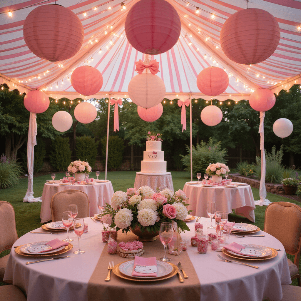 A whimsical Hello Kitty-themed backyard garden party at golden hour, featuring a pink and white striped canopy tent with paper lanterns, round tables with scalloped pink linens and floral centerpieces, a dessert station with a three-tiered cake, and floating pastel balloons.