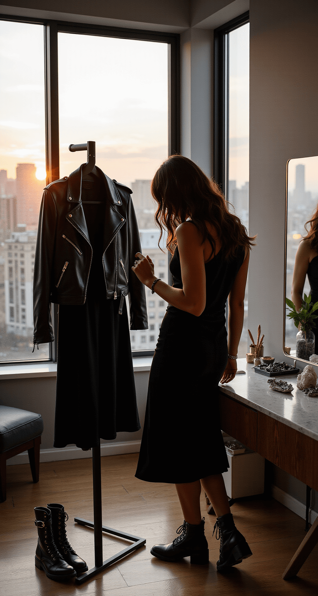 A modern witch prepares in a chic urban apartment during golden hour, with sunlight illuminating a black leather jacket draped over a velvet midi dress on a minimalist rack. Nearby, combat boots with silver buckles and crystal accessories on a marble vanity complement the moody, photorealistic scene featuring a city skyline.