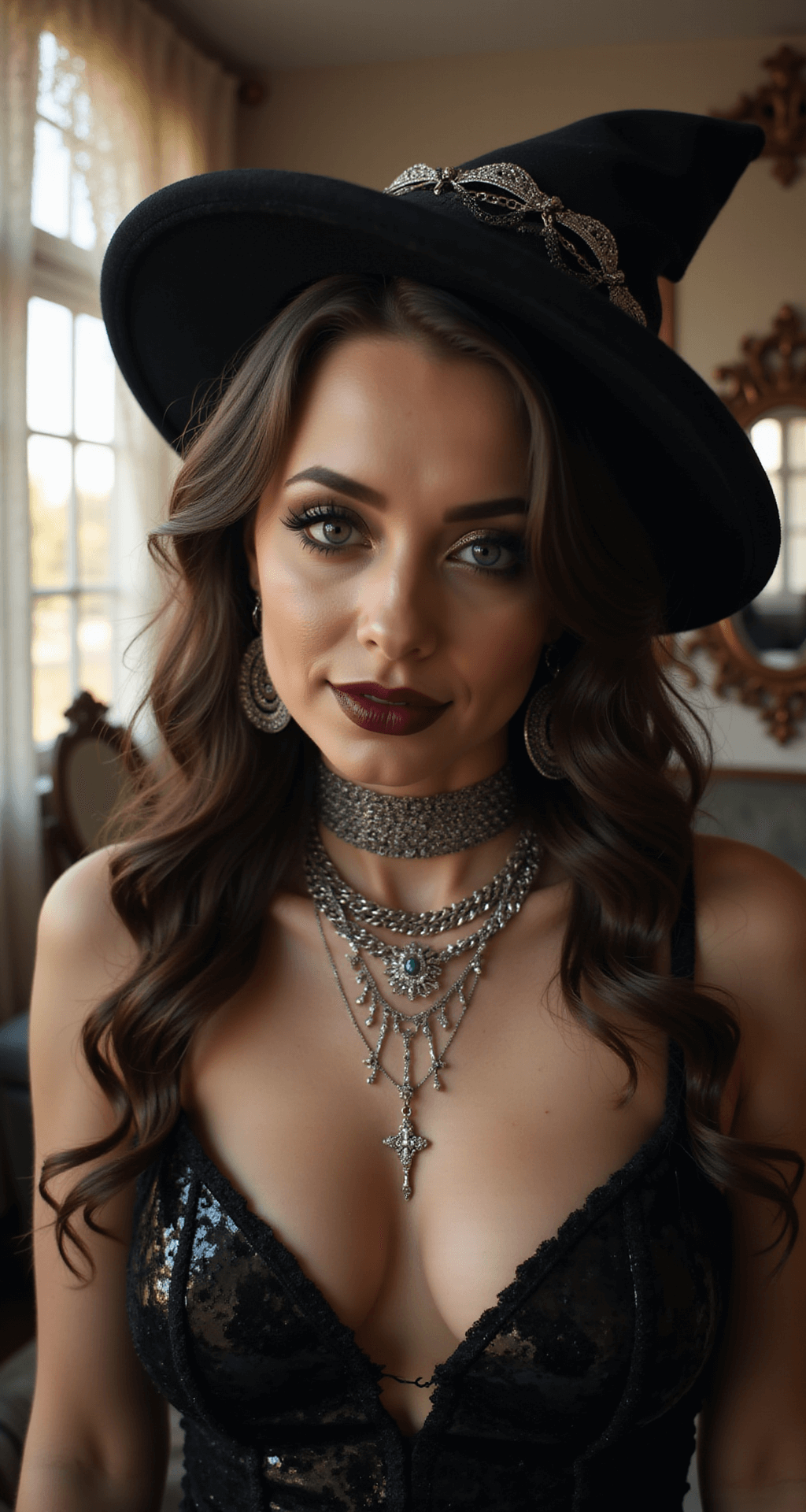 Close-up beauty shot of a model in a vintage boudoir, featuring dramatic smokey eye makeup, deep burgundy lips, and a black witch hat with silver chains. Antique mirrors and lace curtains create mysterious shadows, with intricate silver necklaces layered over a plunging black sequined dress.