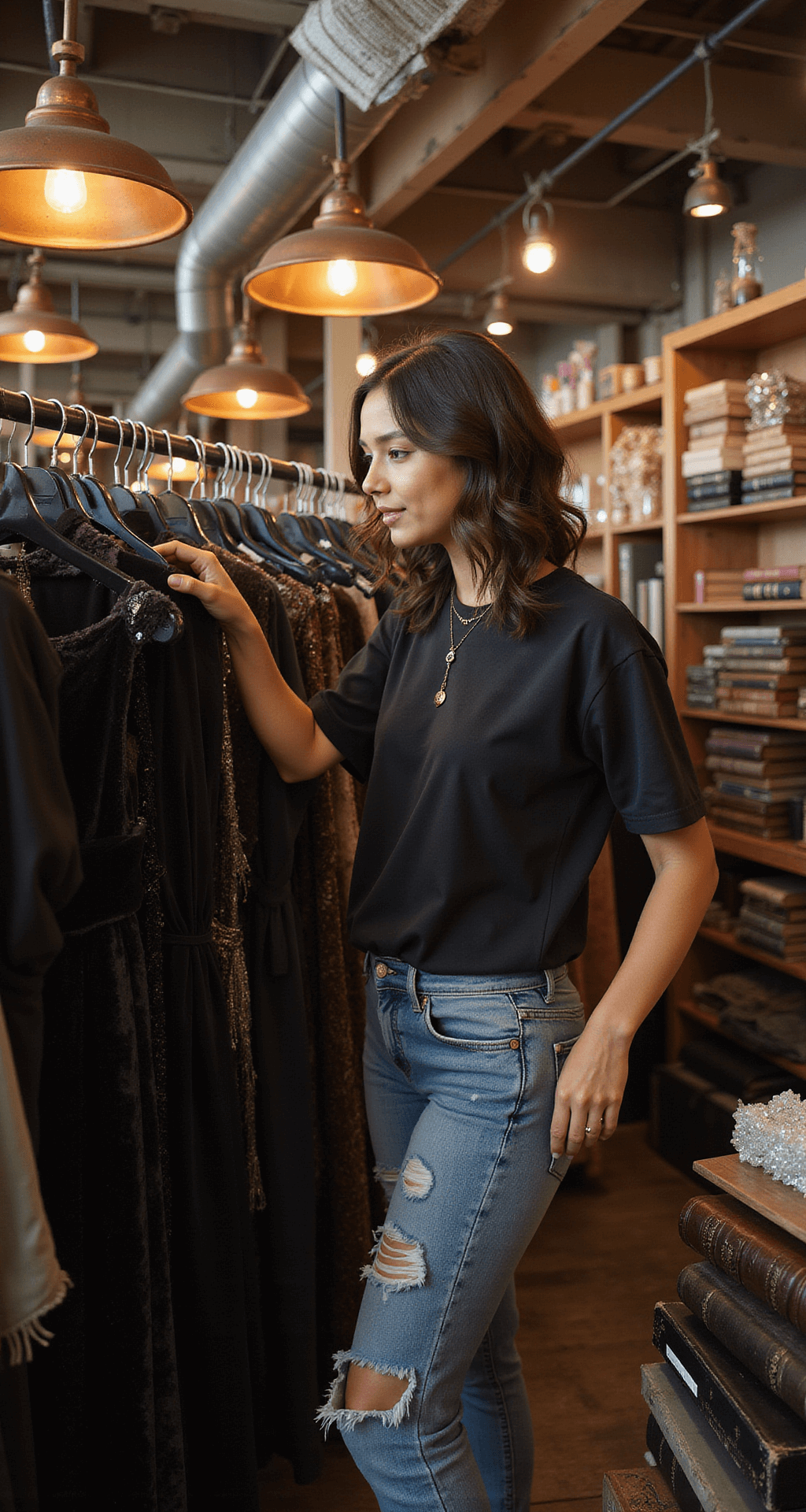 Young woman in distressed black denim and vintage band tee sorts through racks of dark velvet dresses in a warmly lit thrift store, with industrial copper lighting casting shadows and stacks of leather-bound books and crystal accessories in the background.