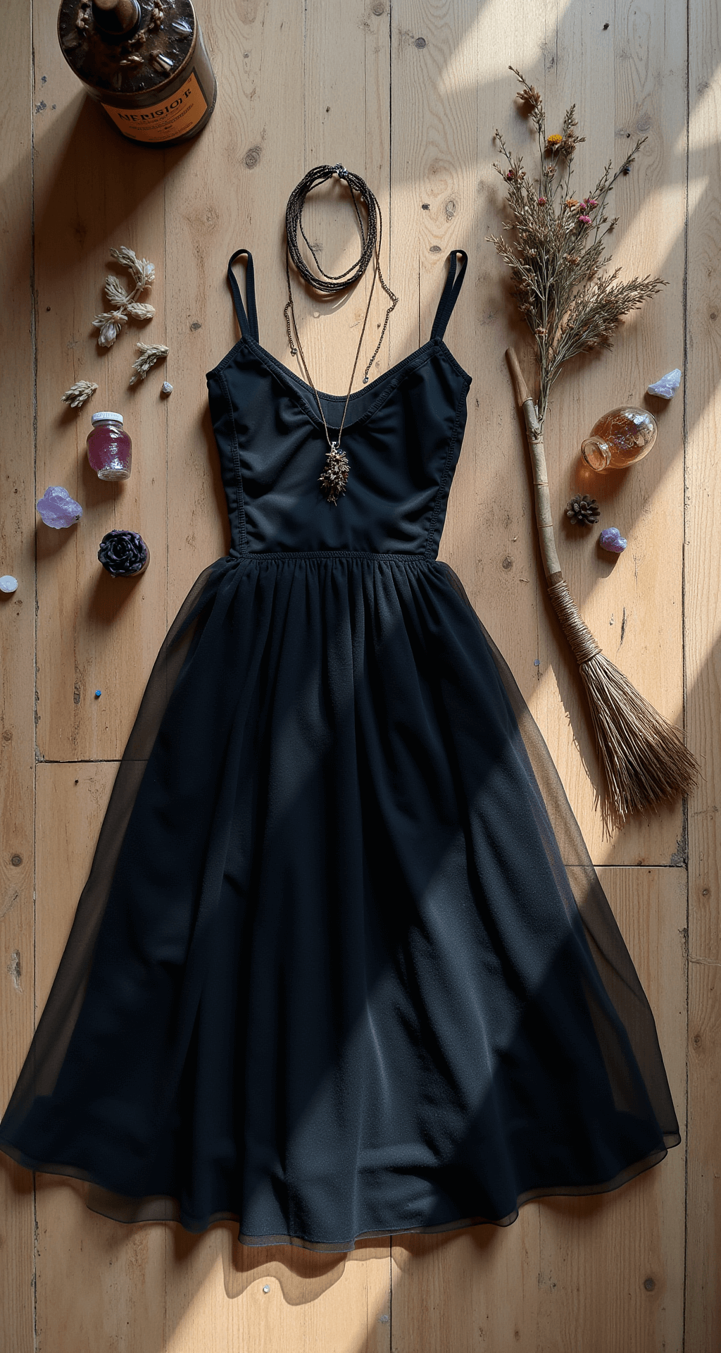 DIY witch costume flatlay on a weathered wooden floor, featuring a black tulle dress, handcrafted twisted wire jewelry, hand-painted potion bottles, a customized broomstick with copper wire wrapping, and scattered dried flowers and crystals, all illuminated by gentle morning light.