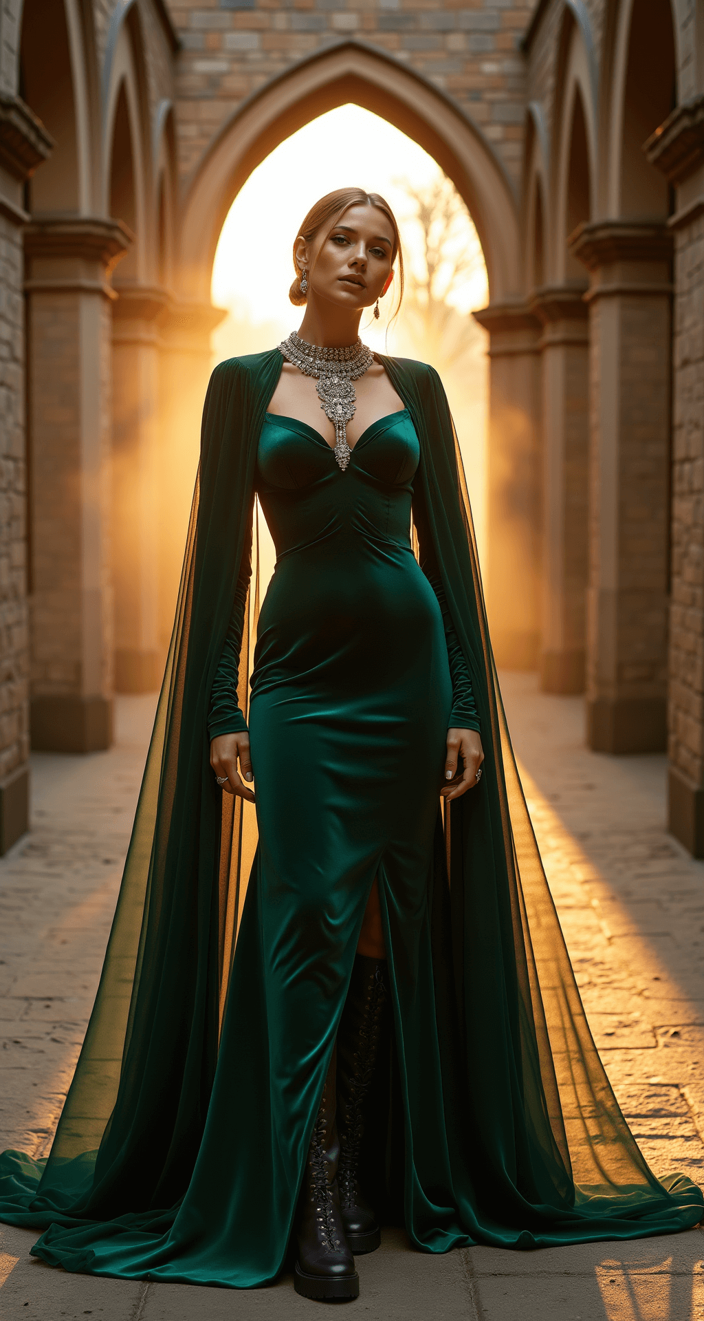 A model in an emerald green velvet gown with a dramatic cape stands between stone archways in an abandoned gothic architecture courtyard at sunset. She wears silver statement jewelry and platform boots, with fog swirling around her, creating an ethereal atmosphere that highlights both the architectural elements and her striking fashion details.
