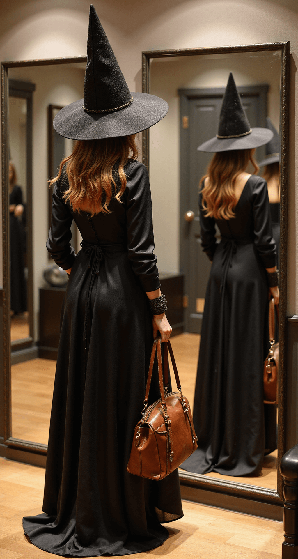 A luxury boutique fitting room with a three-way mirror reflecting a classic witch costume reimagined: a black silk maxi dress with subtle shimmer, a vintage-inspired pointed hat with handstitched details, and rich leather handbag and boots. Warm lighting highlights the quality of the materials.