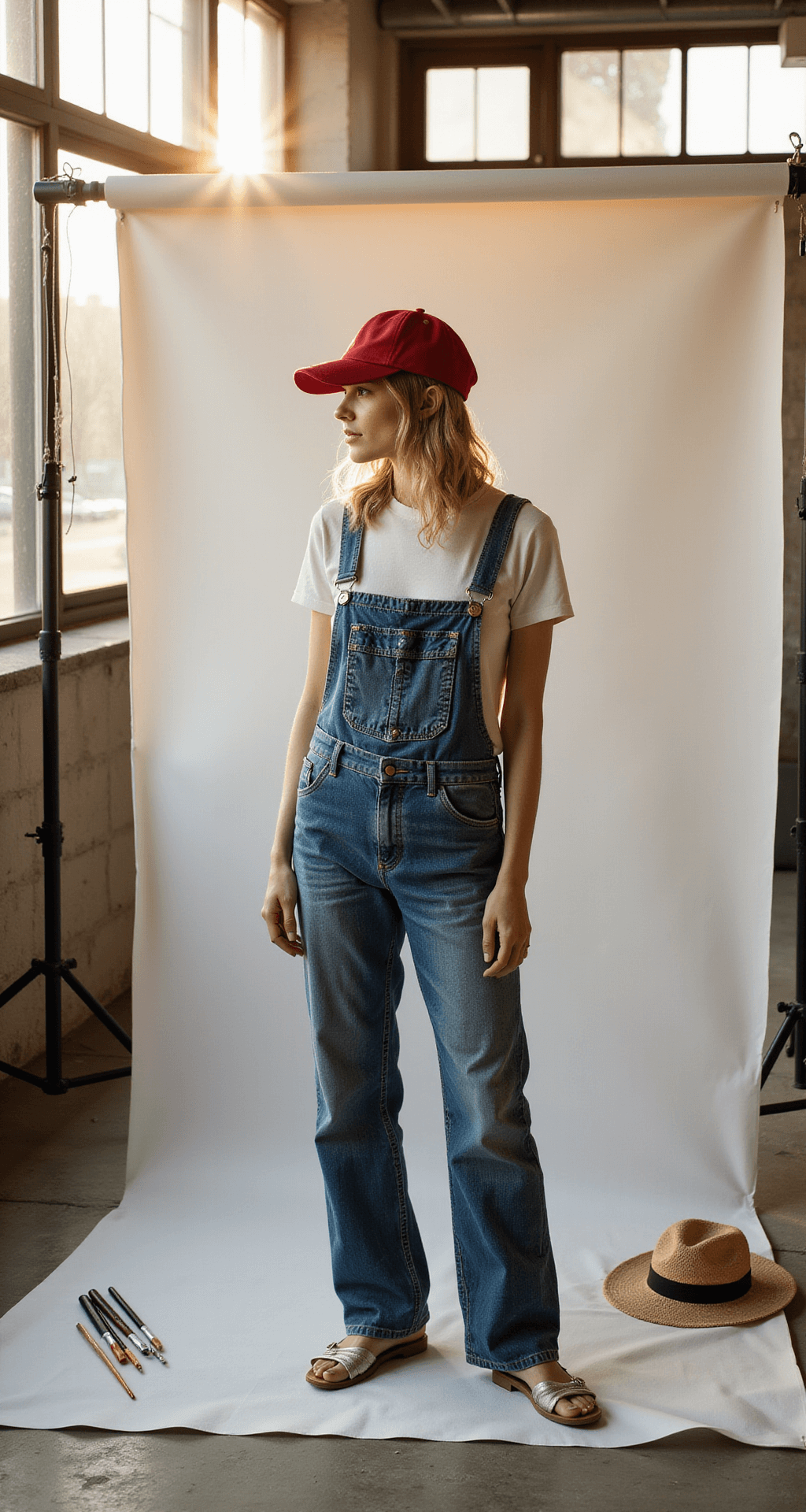 A minimalist studio photoshoot of a vintage denim overall styled five ways against a white backdrop, with golden hour lighting creating warm shadows. Each styling variation, including farmer chic and artistic painter, is presented in a flat lay nearby, accompanied by props like a red cap, paintbrushes, and a straw hat, highlighting the texture and wear patterns of the denim.