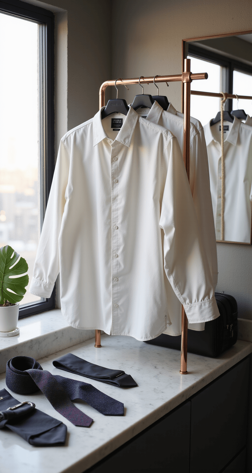 Chic downtown loft bathroom with early morning light, featuring a white button-down shirt on a copper clothing rack, costume accessories on a marble counter, and business attire elements like a tie and briefcase nearby, focused on the shirt's clean lines.